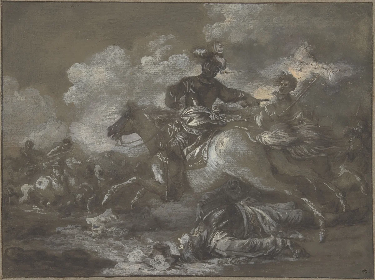 Cavalry Skirmish with a Fallen Soldier at Right by Francesco Casanova, drawing, 1740-1802
