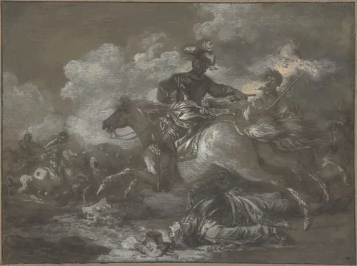 Cavalry Skirmish with a Fallen Soldier at Right by Francesco Casanova, drawing, 1740-1802