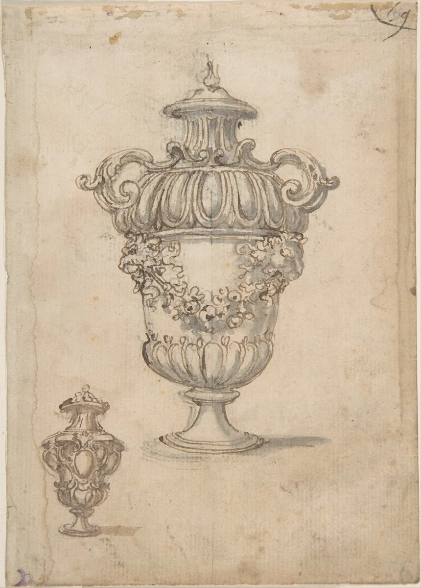 Two Designs for Vases (recto); Design for Candle Stick (?) (verso) by Giovanni Battista Foggini, drawing, 1652-1725