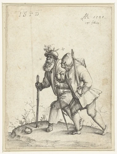 Oude zwerver met jongeman met zwaard by Anton Möller, drawing, 1588