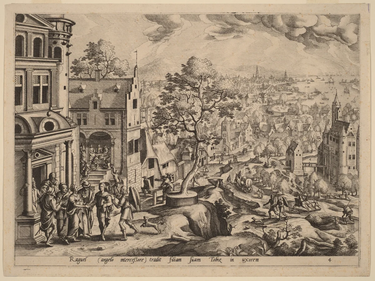 Tobias and the Angel Arriving at Raguel's House by Johannes van Doetechum
Lucas van Doetechum
Hans Bol
Gerard de Jode, print, 1560-1570