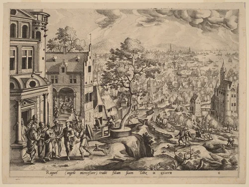 Tobias and the Angel Arriving at Raguel's House by Johannes van Doetechum
Lucas van Doetechum
Hans Bol
Gerard de Jode, print, 1560-1570