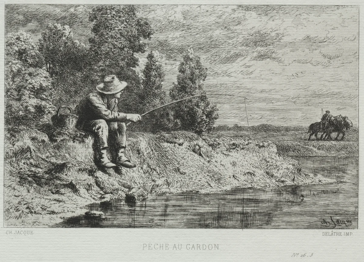 Fishing by Charles-Émile Jacque, print, 1865