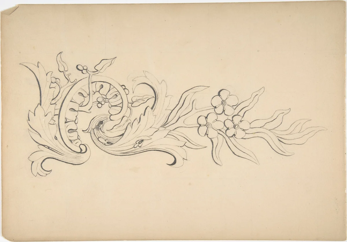 Designs for borders and corners, acanthus by Robert William Hume, drawing, 1830-1904