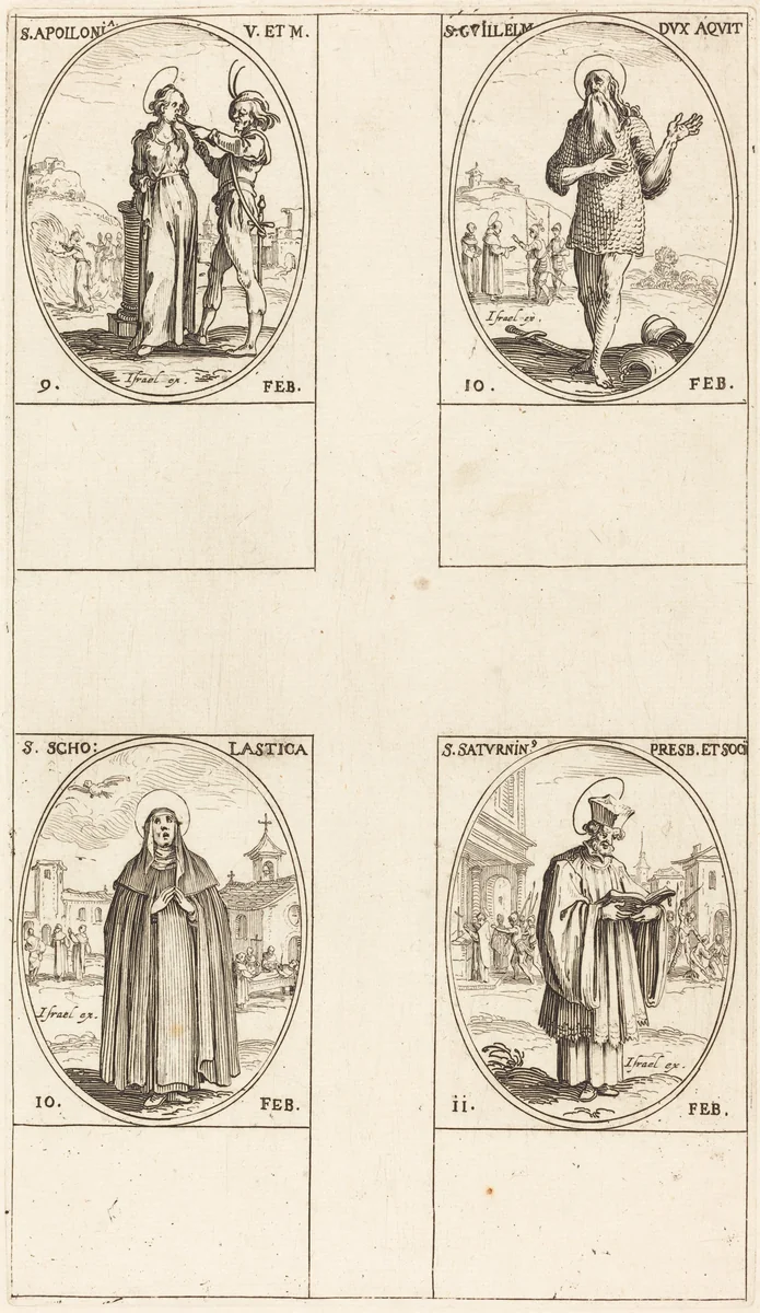 St. Apollonia; St. Guillaume; St. Scholastica; St. Saturnin by Jacques Callot, print, 1627-1637