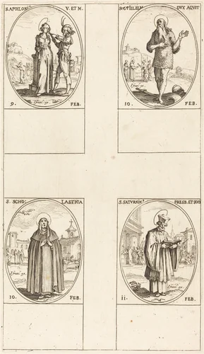 St. Apollonia; St. Guillaume; St. Scholastica; St. Saturnin by Jacques Callot, print, 1627-1637