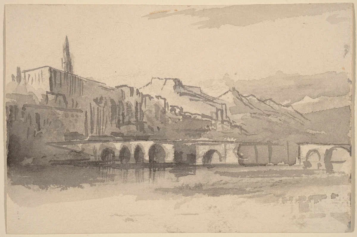 Bridge with Mountains in the Distance (Ventimiglia) by Edward Lear, drawing, 1884-1885