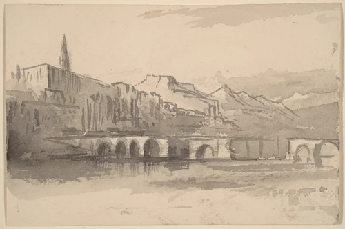 Bridge with Mountains in the Distance (Ventimiglia) by Edward Lear, drawing, 1884-1885