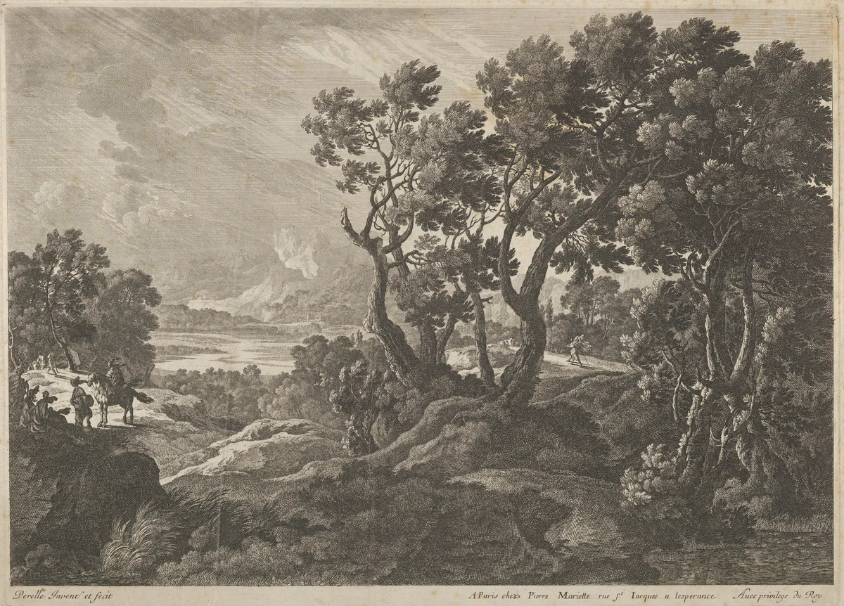 A landscape with travellers at the left by Adam Perelle, print, 1660-1680