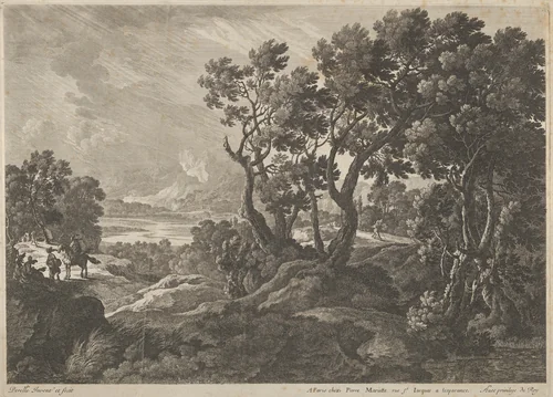 A landscape with travellers at the left by Adam Perelle, print, 1660-1680