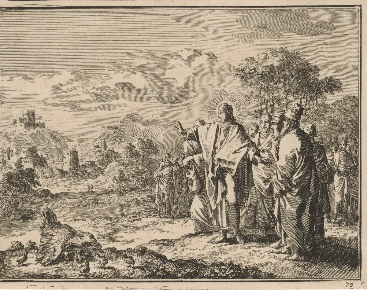 Christus wijst zijn discipelen op een klokhen die haar kuikens onder haar vleugels verzamelt by Jan Luyken, print, 1712