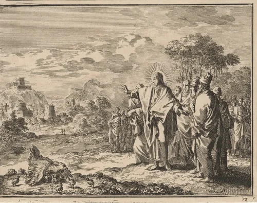 Christus wijst zijn discipelen op een klokhen die haar kuikens onder haar vleugels verzamelt by Jan Luyken, print, 1712