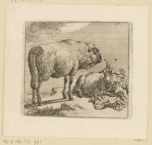 Staand schaap en liggende geit by Johann Heinrich Roos, print, 1671