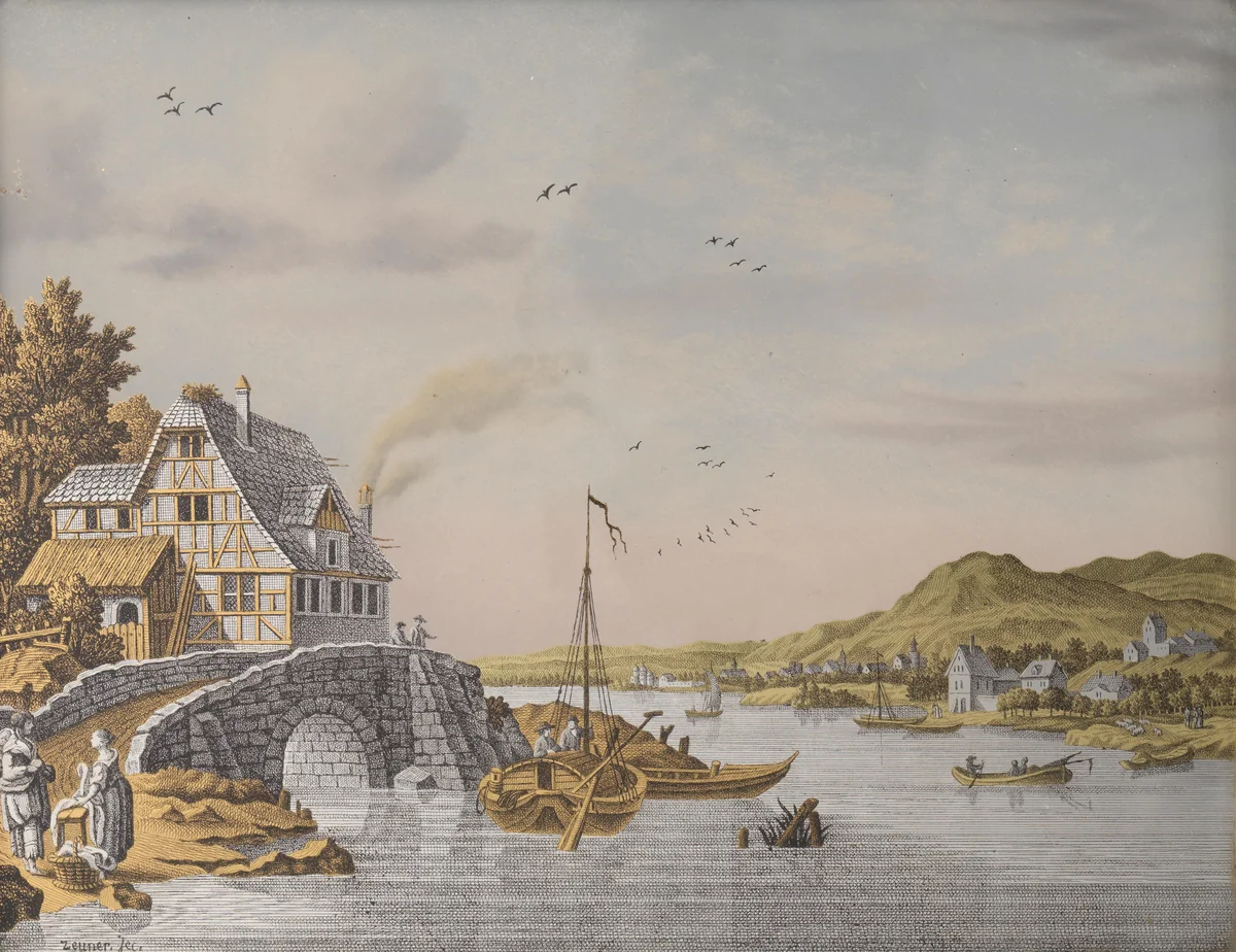 Houses along a River by Jonas Zeuner, painting, 1770-1814