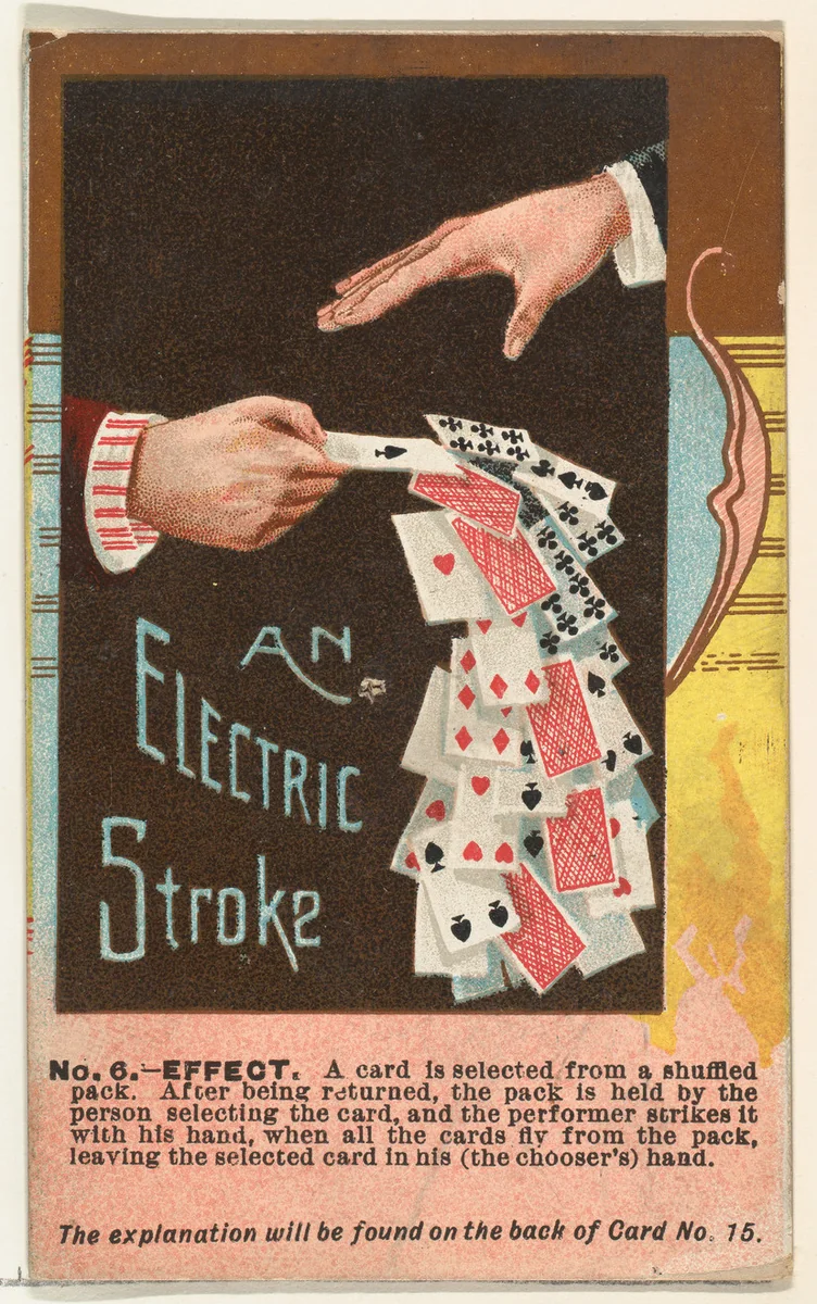 Number 6, An Electric Stroke, from the Tricks with Cards series (N138) issued by W. Duke, Sons & Co. to promote Honest Long Cut Tobacco by W. Duke, Sons & Co., print, 1887