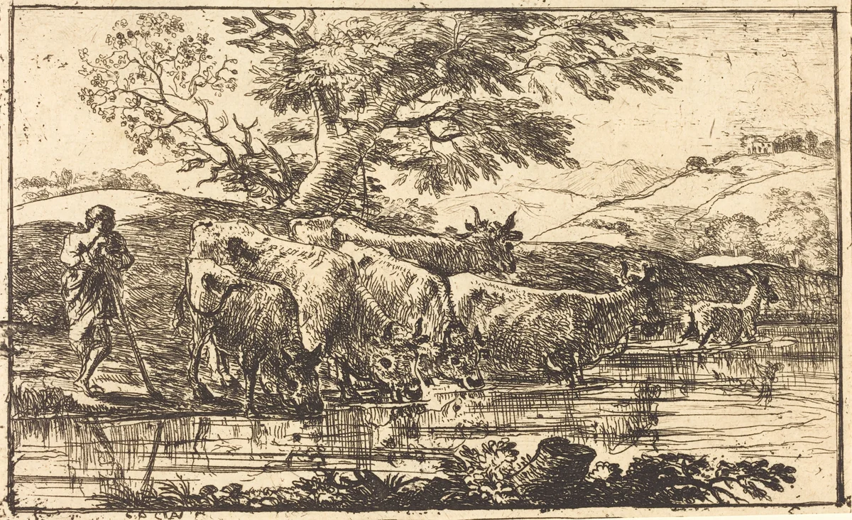 The Herd at the Watering Place (Le troupeau à l'abreuvoir) by Claude Lorrain, print, 1635