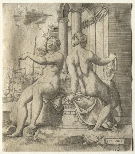 Justice and Prudence by Cornelis Massys, print, 1528-1548