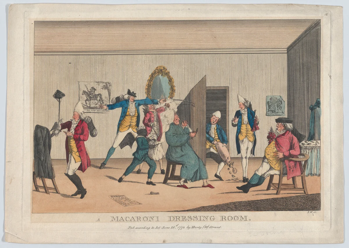 A Macaroni Dressing Room by I.W., print, 1772
