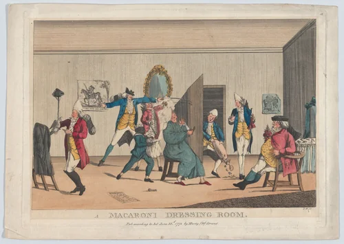 A Macaroni Dressing Room by I.W., print, 1772