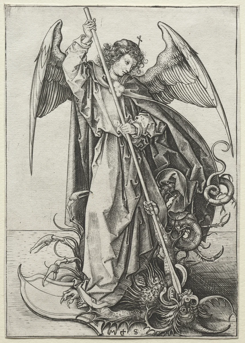 The Archangel Michael Piercing the Dragon by Martin Schongauer, print, 1470-1480