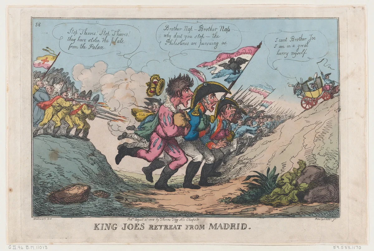 King Joe's Retreat From Madrid by Thomas Rowlandson, print, 1808