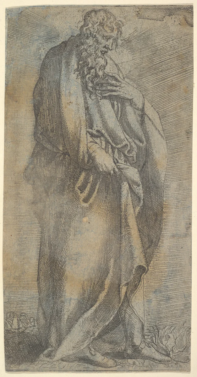Heavily draped male Figure by anonymous, print, 1500-1599