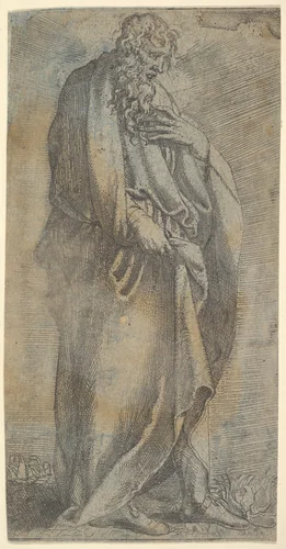 Heavily draped male Figure by anonymous, print, 1500-1599