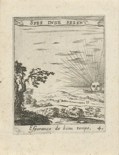 Landschap met opkomende zon by Albert Flamen, print, 1672