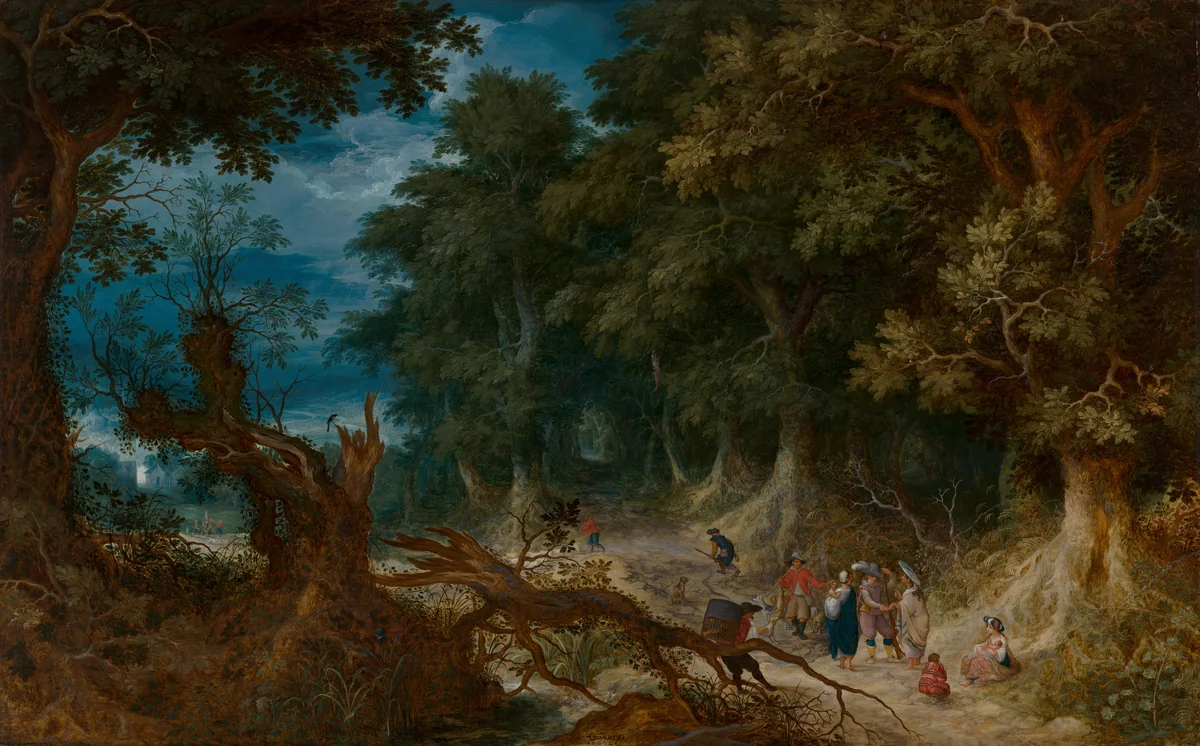 Wooded Landscape with Hunters and Fortune Teller by Abraham Govaerts, painting, 1612