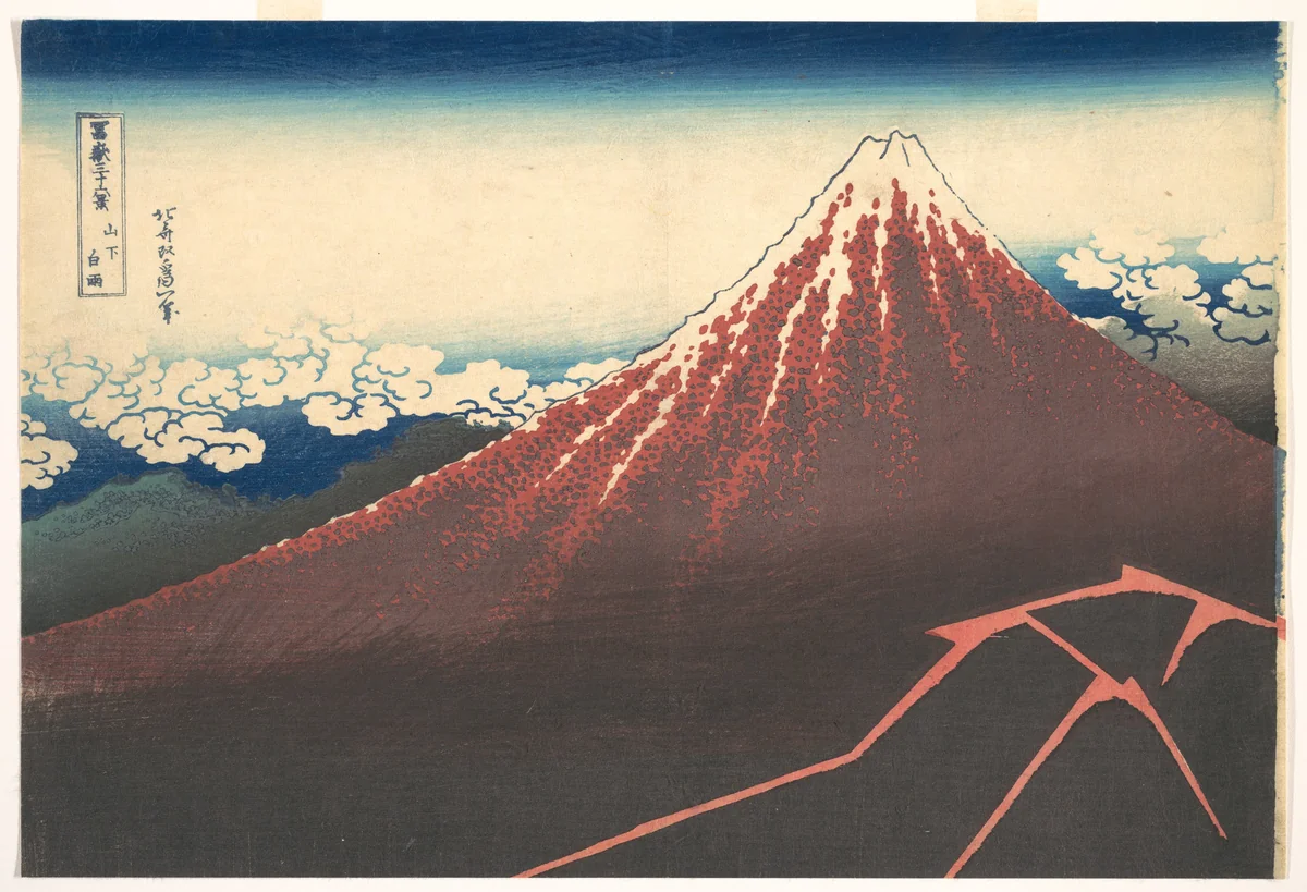 Storm below Mount Fuji (Sanka no haku u), from the series Thirty-six Views of Mount Fuji (Fugaku sanjūrokkei) by Katsushika Hokusai (葛飾 北斎), print, 1830-1832