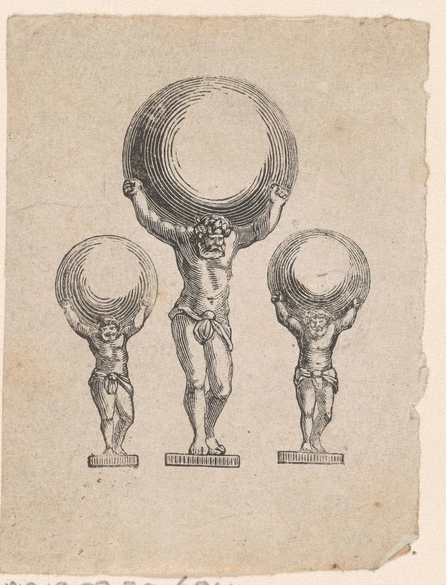 Drie standbeelden van Atlas die de wereld op zijn schouders draagt by Isaac Weissenbruch, print, 1836-1912