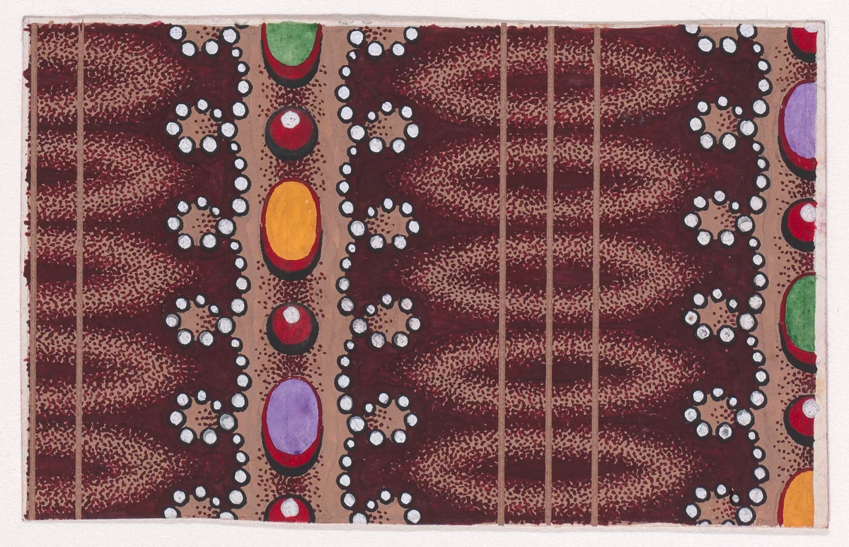 Textile Design with Alternating Vertical Rows of Lens Shapes and Rows of Ovals and Pearls Framed by Undulating Garlands of Pearls by anonymous, drawing, 1840