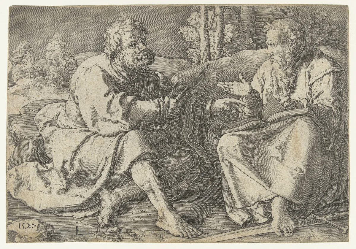 Paulus en Petrus zittend in een landschap by Unknown, print, 1527