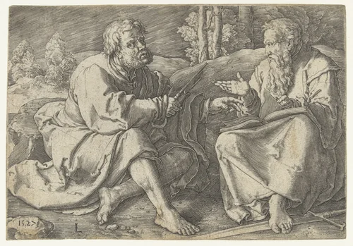 Paulus en Petrus zittend in een landschap by Unknown, print, 1527