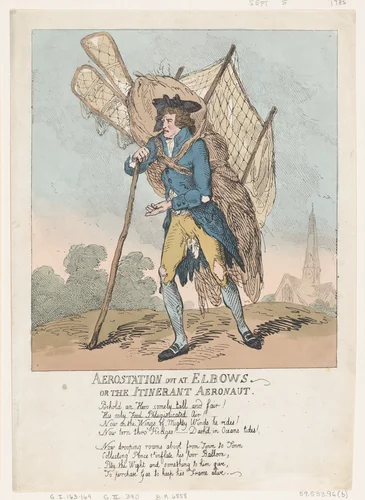 Aerostation out at Elbows, or The Itinerant Aeronaut by Thomas Rowlandson, print, 1785