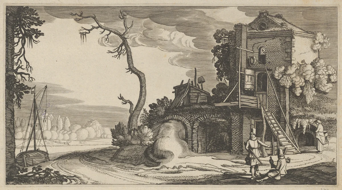 Square Tower Used as Inn near a River by Jan van de Velde, print, 1641-1646