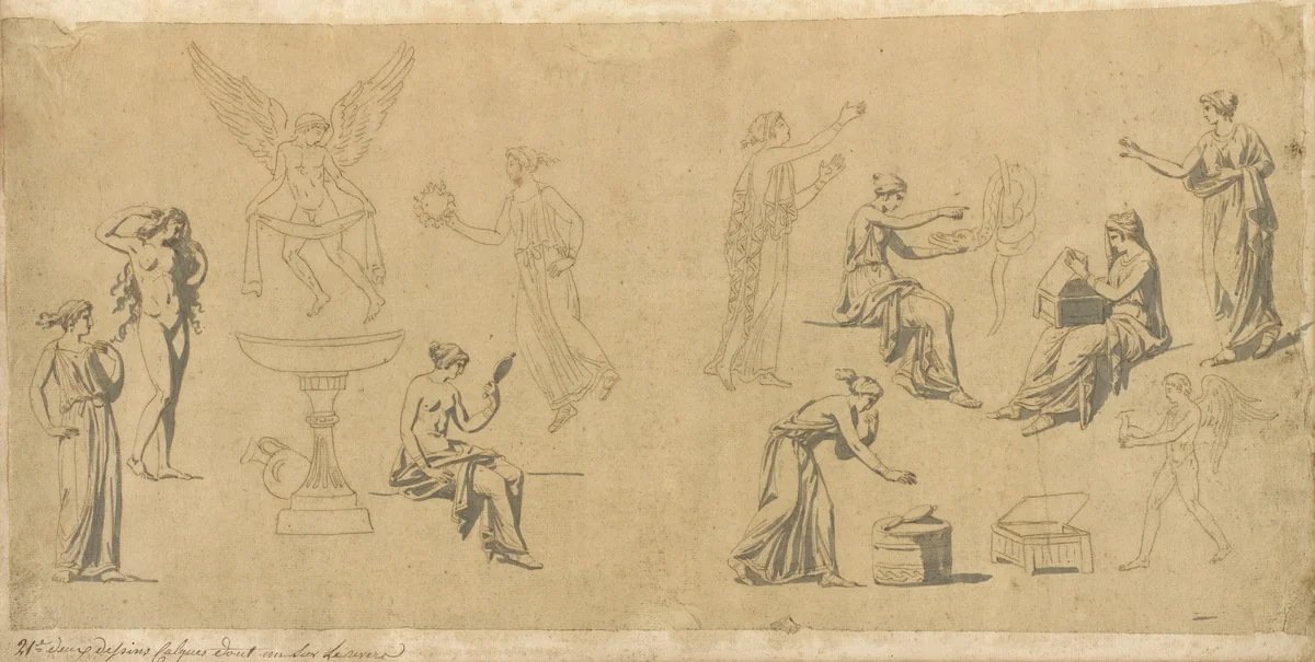 Studies of Classical Women, with Eros by Jacques-Louis David, drawing, 1775-1780