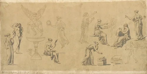 Studies of Classical Women, with Eros by Jacques-Louis David, drawing, 1775-1780