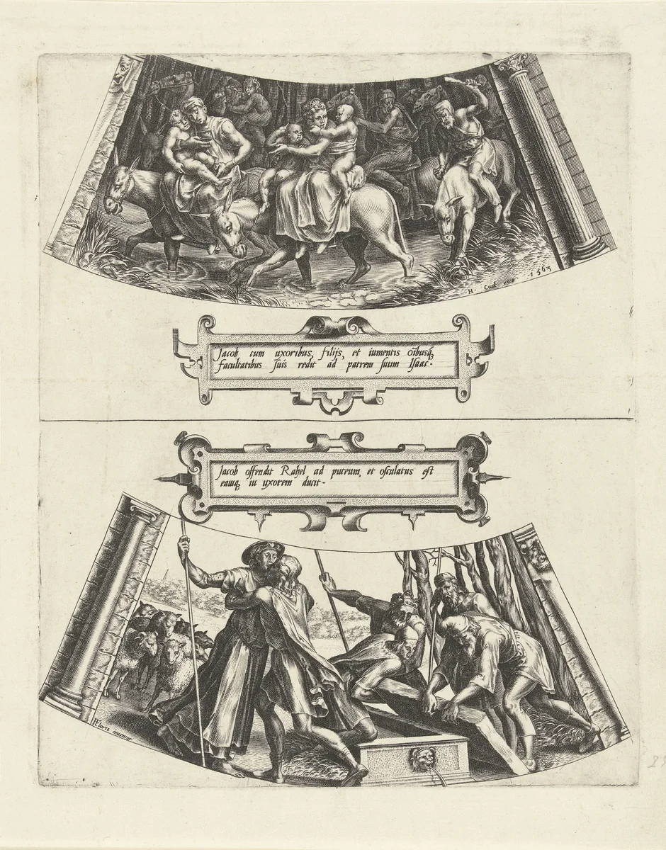 De terugkeer van Jakob in Kanaän en De ontmoeting van Jakob en Rachel bij de bron by Cornelis Cort, print, 1563