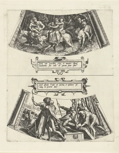 De terugkeer van Jakob in Kanaän en De ontmoeting van Jakob en Rachel bij de bron by Cornelis Cort, print, 1563