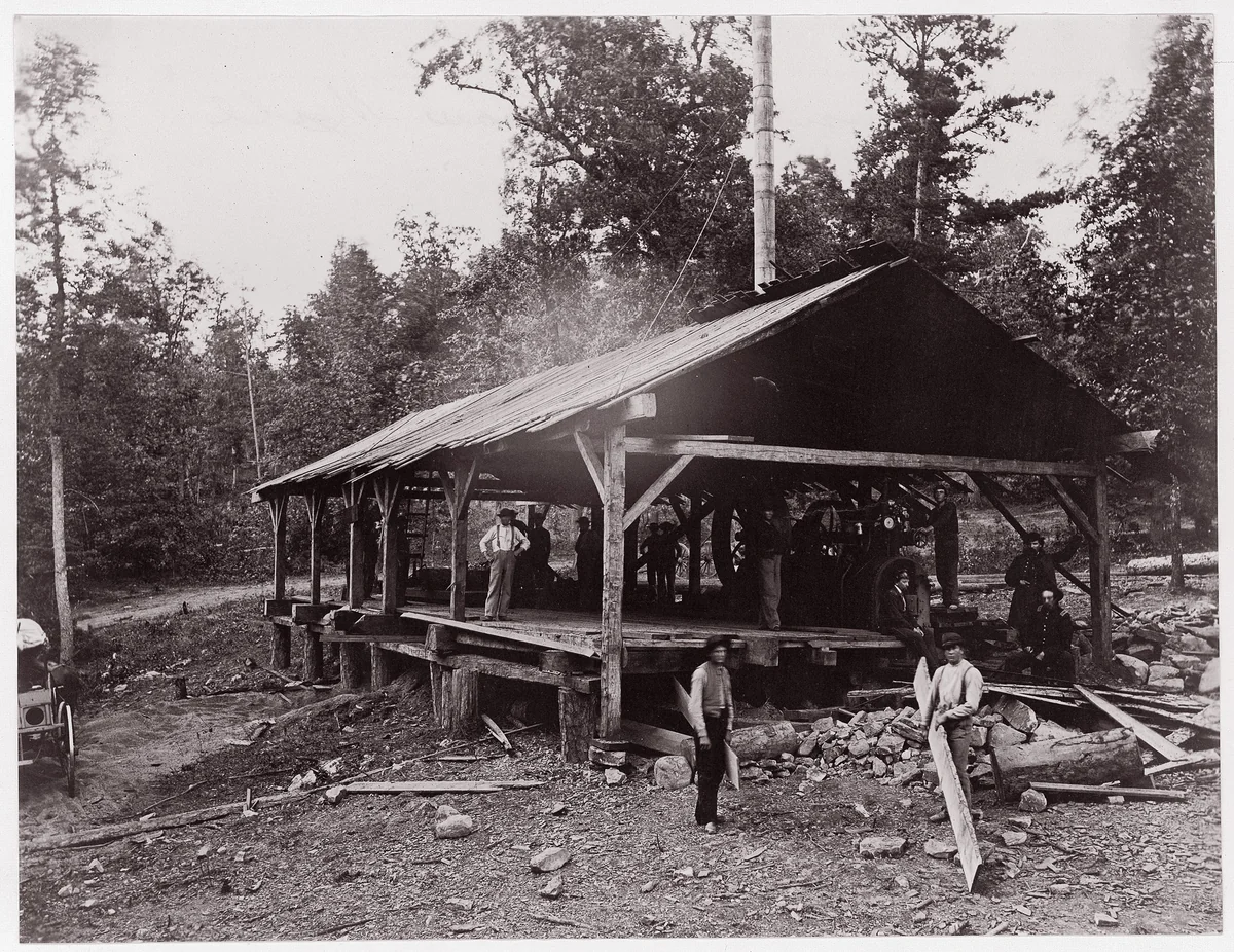 [Workers and Soldiers at Government Saw Mill, Chattanooga (?), Tennessee] by Andrew Joseph Russell, photograph, 1861-1865