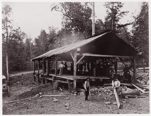 [Workers and Soldiers at Government Saw Mill, Chattanooga (?), Tennessee] by Andrew Joseph Russell, photograph, 1861-1865