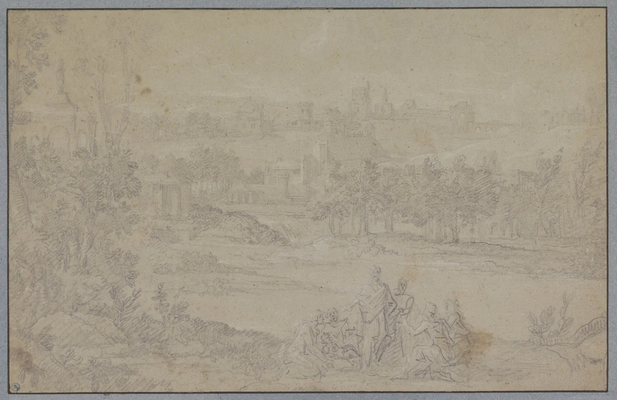 Landschap met groep personen op de voorgrond by anonymous, drawing, 1675-1700