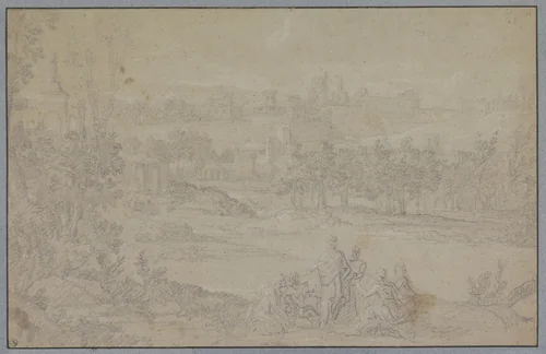 Landschap met groep personen op de voorgrond by anonymous, drawing, 1675-1700