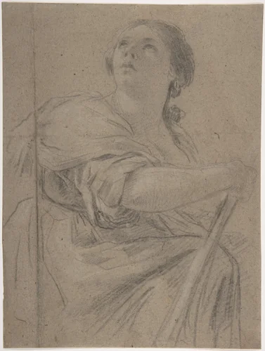 Woman with a Staff Looking Upward by Simon Vouet, drawing, 1605-1649