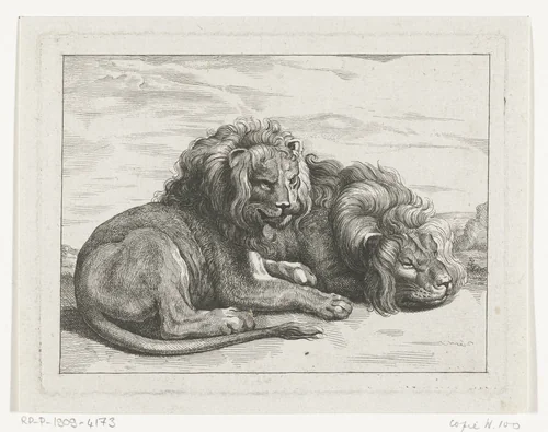 Twee liggende leeuwen by anonymous, print, 1750-1900