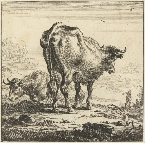 Koe van achteren gezien en koe op een helling by Nicolaes Pietersz Berchem, print, 1644