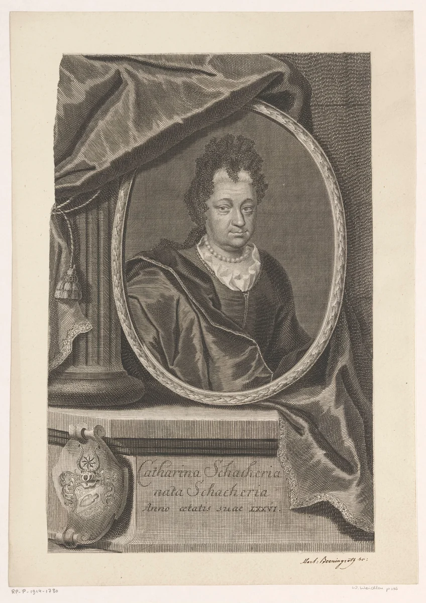 Portret van Catharina Schacher by Martin Bernigeroth, print, 1712-1733