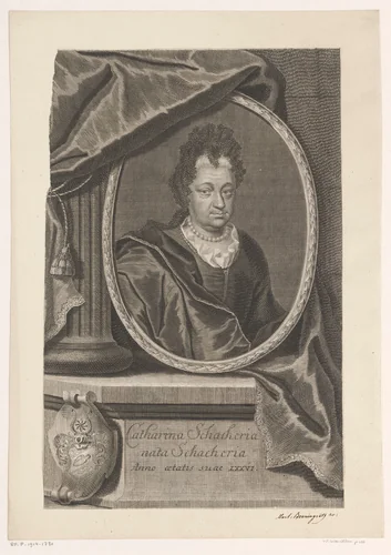 Portret van Catharina Schacher by Martin Bernigeroth, print, 1712-1733