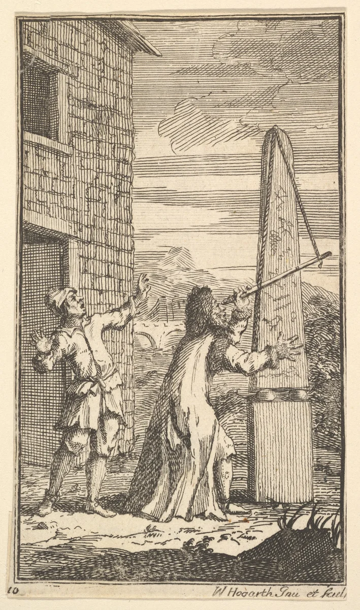 Sidrophel Examining the Kite Through His Telescope (Seventeen Small Illustrations for Samuel Butler's Hudibras, no. 10) by William Hogarth, print, 1721-1726